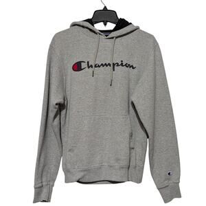 Champion Hoodie Mens Small Gray Pullover Sweatshirt Script & Embroidered Logo